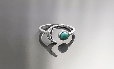Turquoise Crescent Moon Ring, Sterling Silver, Boho Chakra Stellar Cosmic Jewelry, Lunar Open Ring, Celestial Round Blue Stone Ring