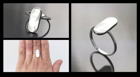 Bague Nacre Ovale Plate Argent 925, véritable Nacre Perlière ovale reflets irisés, bijoux pour tous les jours, style minimaliste moderne