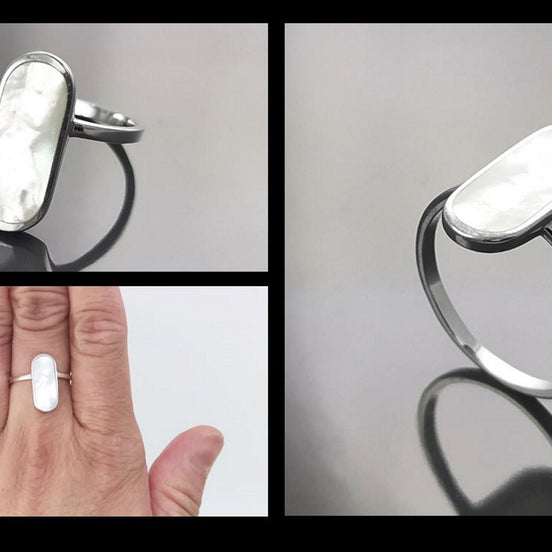 Bague Nacre Ovale Plate Argent 925, véritable Nacre Perlière ovale reflets irisés, bijoux pour tous les jours, style minimaliste moderne