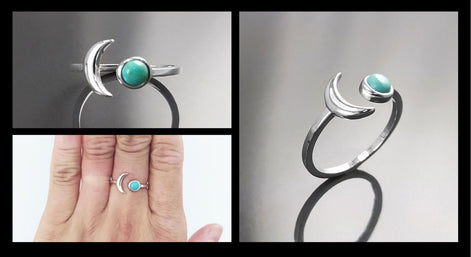 Turquoise Crescent Moon Ring, Sterling Silver, Boho Chakra Stellar Cosmic Jewelry, Lunar Open Ring, Celestial Round Blue Stone Ring