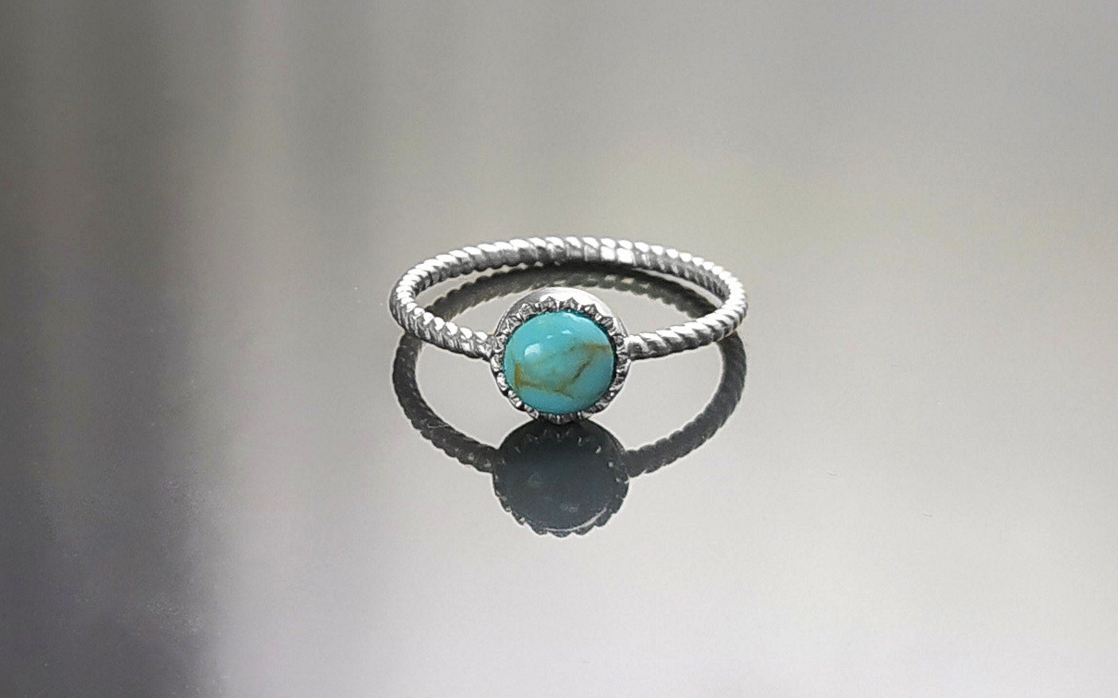 Round Turquoise Ring, Sterling Silver, Blue Turquoise Domed Stone, Boho Braided Band Ring with Braid, Minimalist Everyday Style jewelry