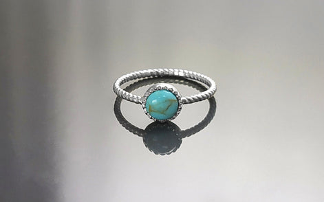 Round Turquoise Ring, Sterling Silver, Blue Turquoise Domed Stone, Boho Braided Band Ring with Braid, Minimalist Everyday Style jewelry