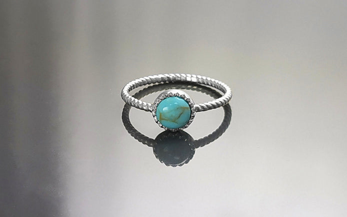 Round Turquoise Ring, Sterling Silver, Blue Turquoise Domed Stone, Boho Braided Band Ring with Braid, Minimalist Everyday Style jewelry