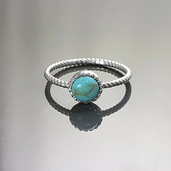 Round Turquoise Ring, Sterling Silver, Blue Turquoise Domed Stone, Boho Braided Band Ring with Braid, Minimalist Everyday Style jewelry