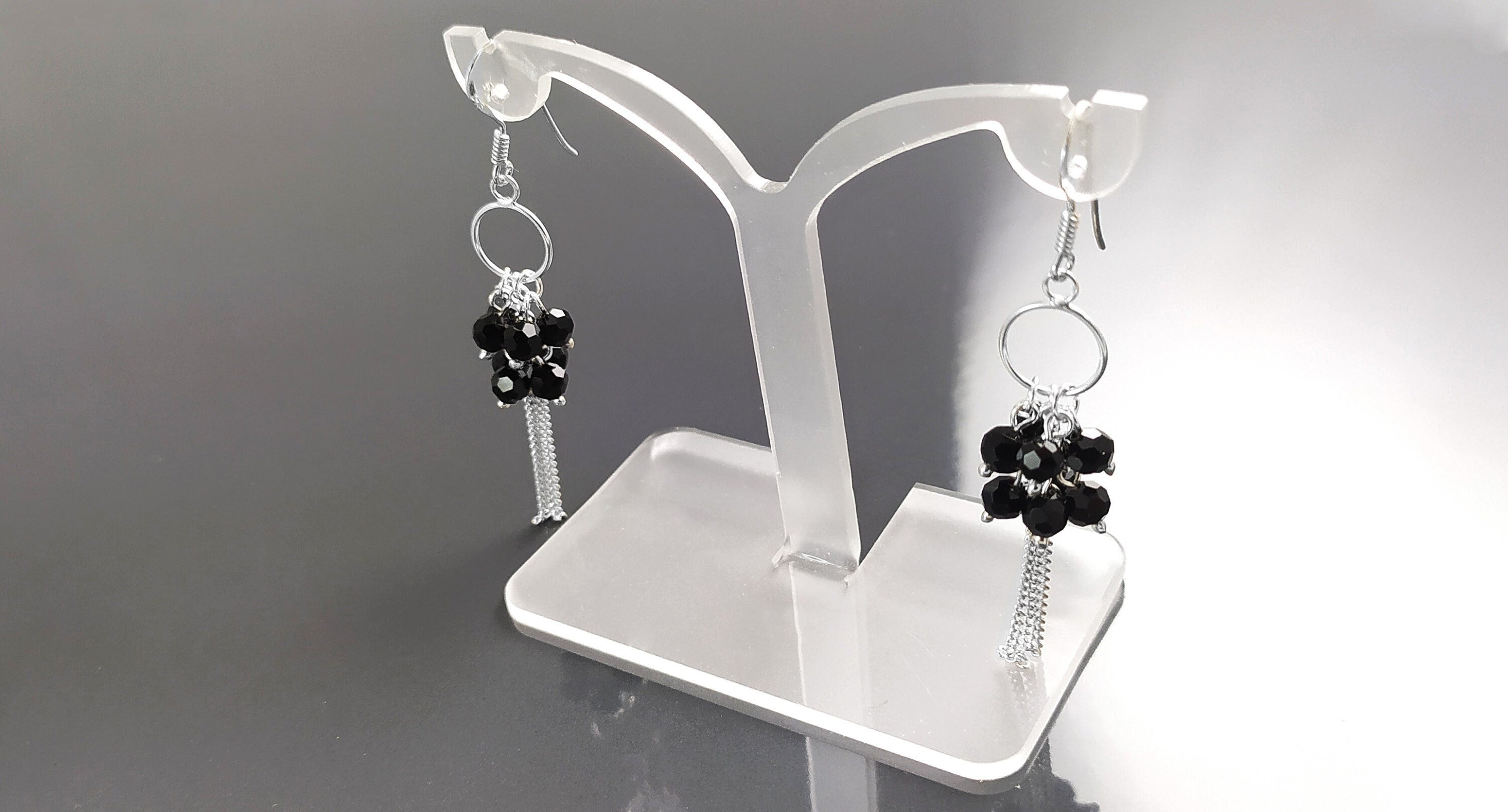 Black Stones Earrings, Sterling Silver, Pending Onyx Gemstone Earrings, Modern Drop Hooks Dangle Chains Earrings, Woman Jewelry
