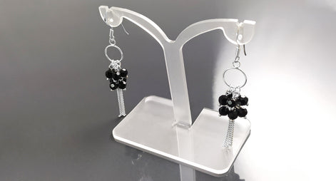 Black Stones Earrings, Sterling Silver, Pending Onyx Gemstone Earrings, Modern Drop Hooks Dangle Chains Earrings, Woman Jewelry