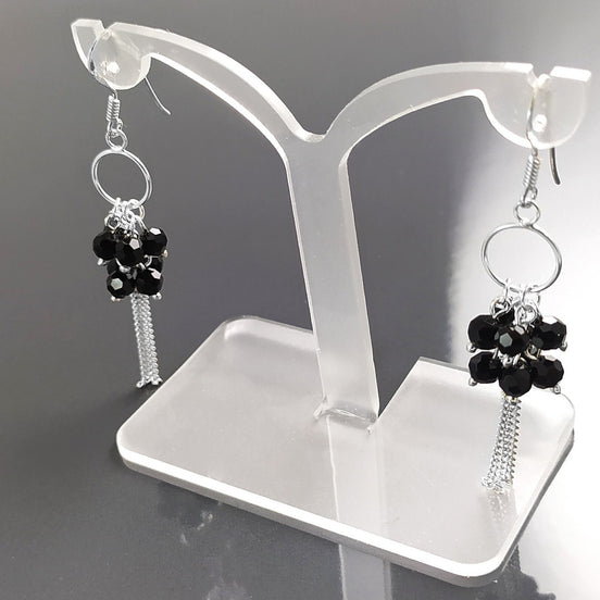 Black Stones Earrings, Sterling Silver, Pending Onyx Gemstone Earrings, Modern Drop Hooks Dangle Chains Earrings, Woman Jewelry