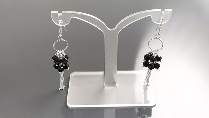 Black Stones Earrings, Sterling Silver, Pending Onyx Gemstone Earrings, Modern Drop Hooks Dangle Chains Earrings, Woman Jewelry