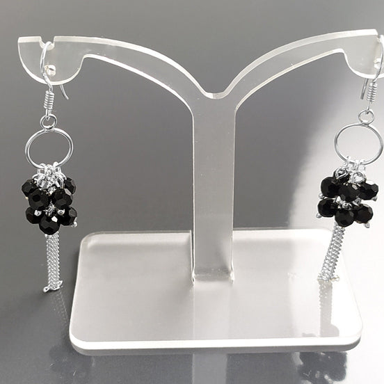 Black Stones Earrings, Sterling Silver, Pending Onyx Gemstone Earrings, Modern Drop Hooks Dangle Chains Earrings, Woman Jewelry