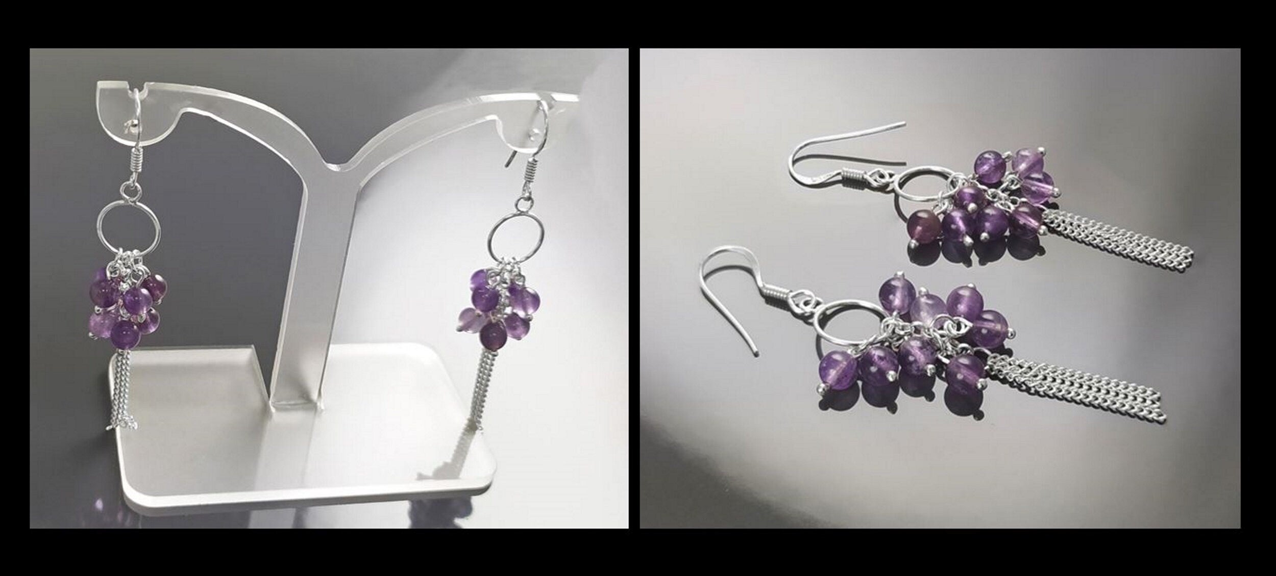 Amethyst Sterling Silver Dangle Earrings, Genuine Gemstone Drop Hooks, Woman Jewelry
