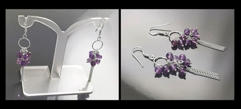 Amethyst Sterling Silver Dangle Earrings, Genuine Gemstone Drop Hooks, Woman Jewelry
