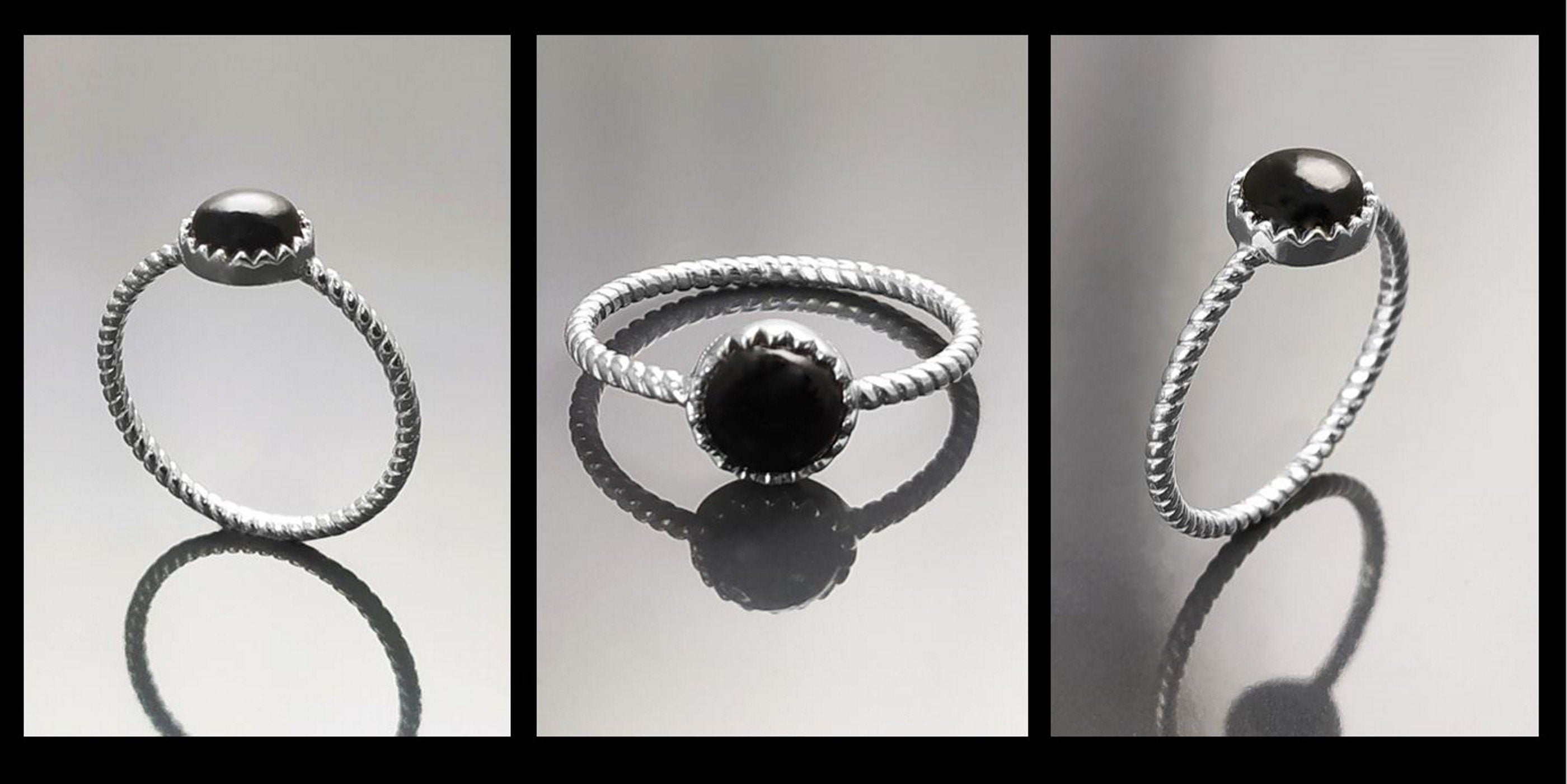 925 Black Round Ring , Sterling Silver, Genuine Black Onyx Domed Stone, Boho Braided Band Ring, Minimalist Everyday Style jewelry