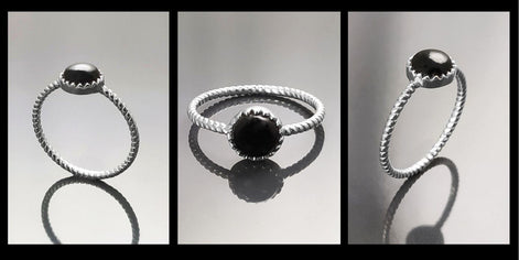 925 Black Round Ring , Sterling Silver, Genuine Black Onyx Domed Stone, Boho Braided Band Ring, Minimalist Everyday Style jewelry
