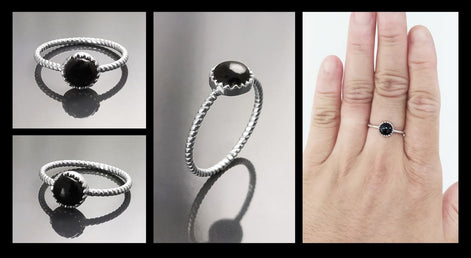 925 Black Round Ring , Sterling Silver, Genuine Black Onyx Domed Stone, Boho Braided Band Ring, Minimalist Everyday Style jewelry