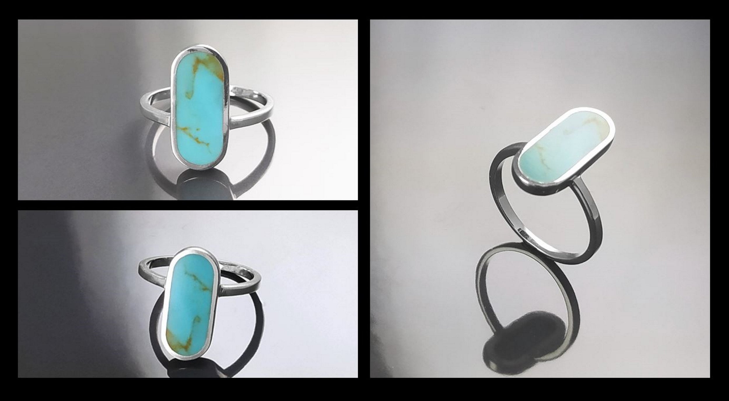 Turquoise Ring, Sterling Silver, Oval Blue Turquoise Stone, Flat Stone Ring, Minimalist Everyday Style Jewelry, Modern Gift