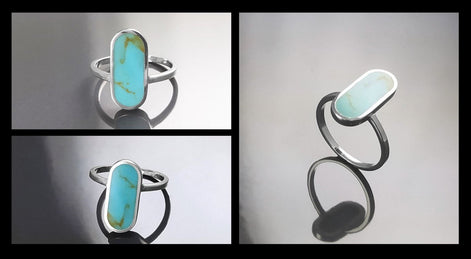 Turquoise Ring, Sterling Silver, Oval Blue Turquoise Stone, Flat Stone Ring, Minimalist Everyday Style Jewelry, Modern Gift