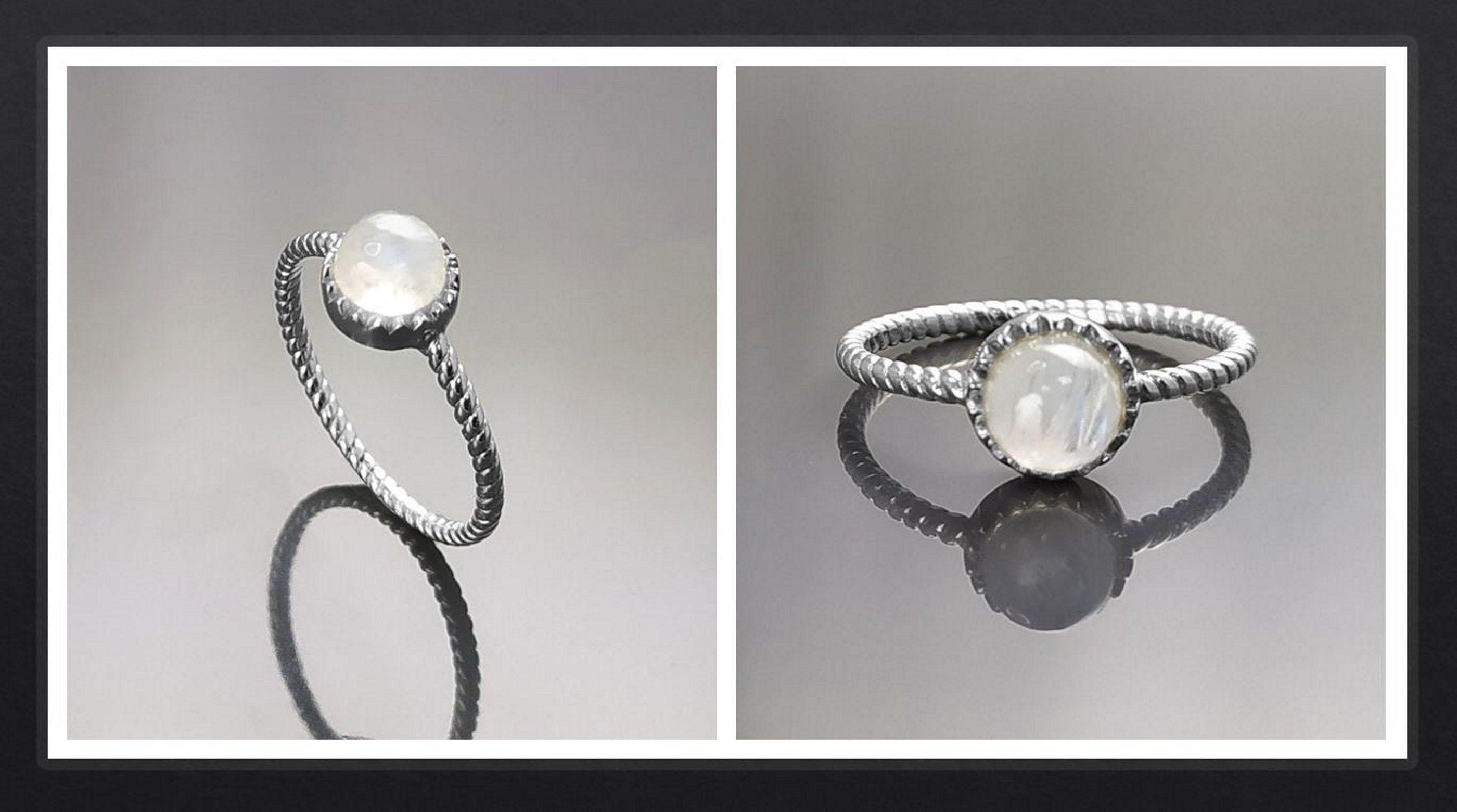 925 Moonstone Ring Sterling Silver, Genuine Moonstone Round Stone, Braided Band Ring, Minimalist Everyday Style jewelry