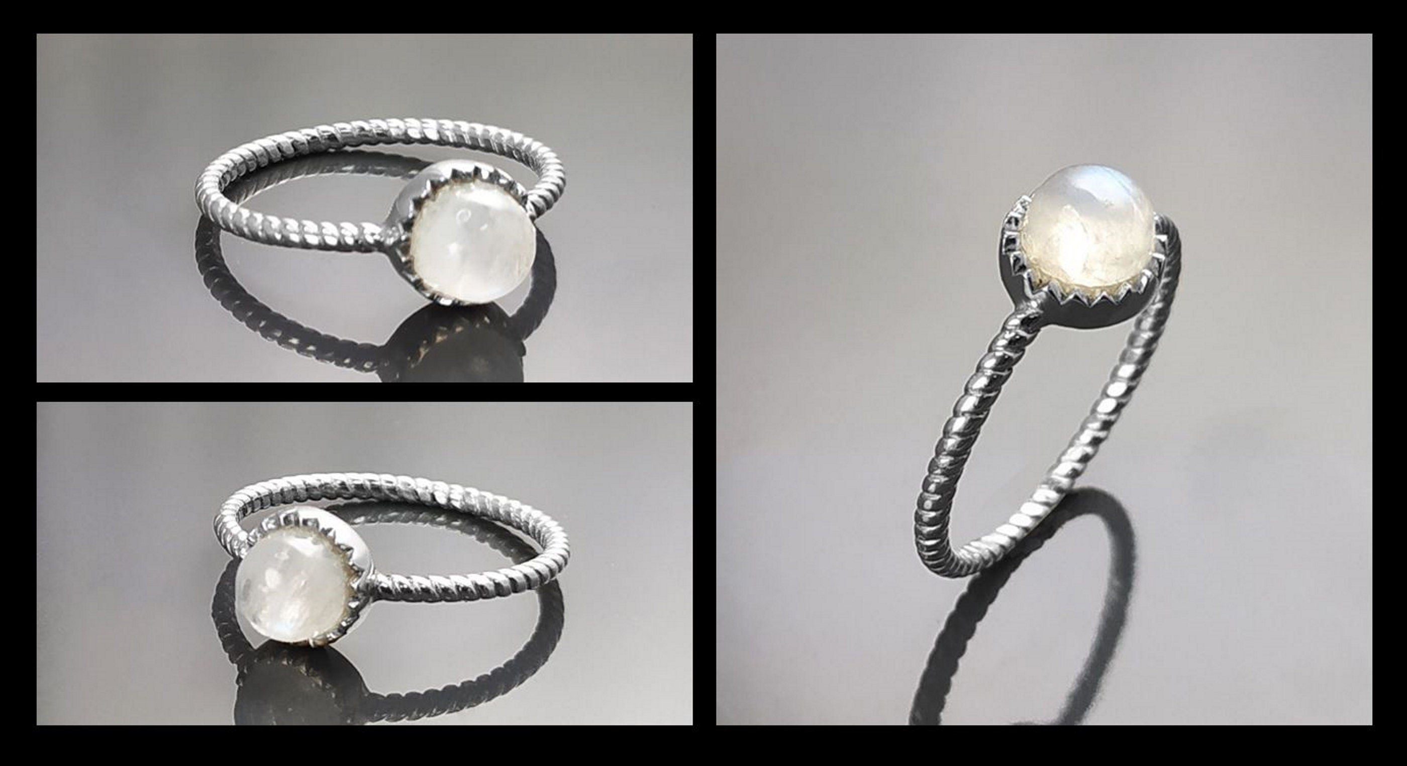 925 Moonstone Ring Sterling Silver, Genuine Moonstone Round Stone, Braided Band Ring, Minimalist Everyday Style jewelry