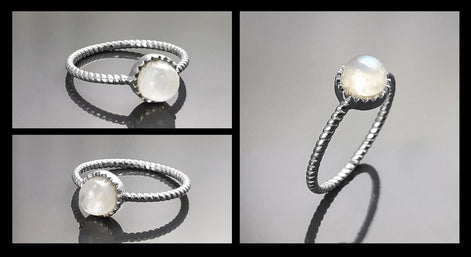 925 Moonstone Ring Sterling Silver, Genuine Moonstone Round Stone, Braided Band Ring, Minimalist Everyday Style jewelry