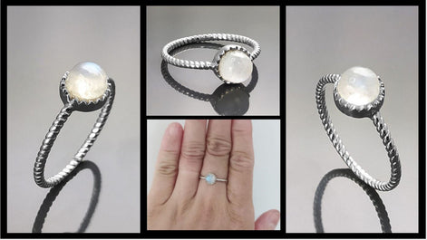 925 Moonstone Ring Sterling Silver, Genuine Moonstone Round Stone, Braided Band Ring, Minimalist Everyday Style jewelry