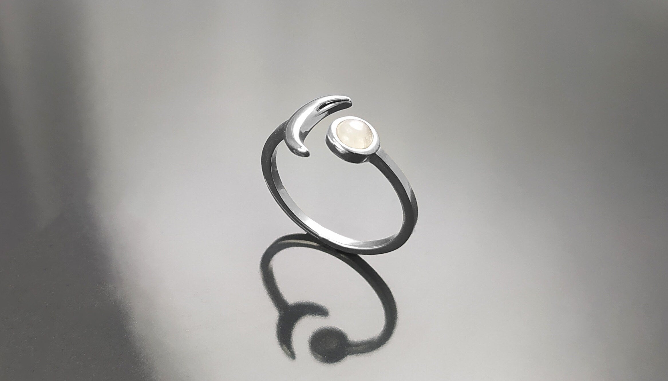 Crescent Moon Ring, Sterling Silver, Genuine Moonstone Gemstone, Boho Chakra Stellar Cosmic Jewelry, Lunar Open Ring, Celestial Round Stone