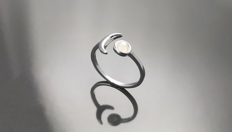 Crescent Moon Ring, Sterling Silver, Genuine Moonstone Gemstone, Boho Chakra Stellar Cosmic Jewelry, Lunar Open Ring, Celestial Round Stone