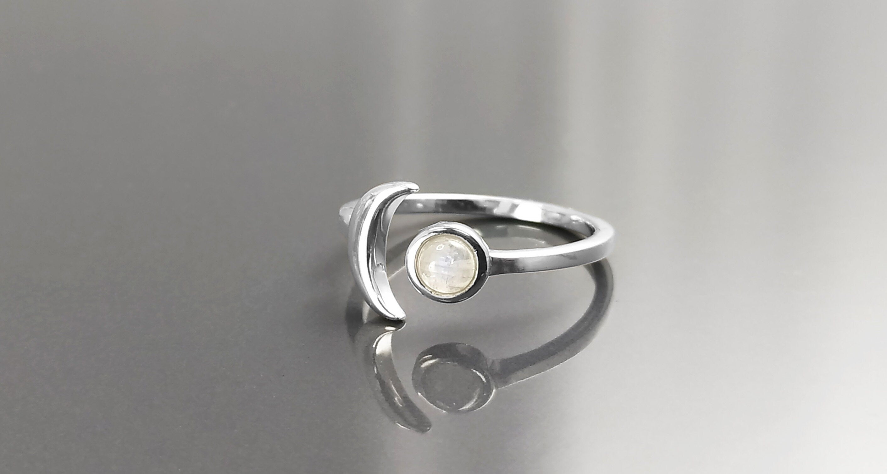 Crescent Moon Ring, Sterling Silver, Genuine Moonstone Gemstone, Boho Chakra Stellar Cosmic Jewelry, Lunar Open Ring, Celestial Round Stone