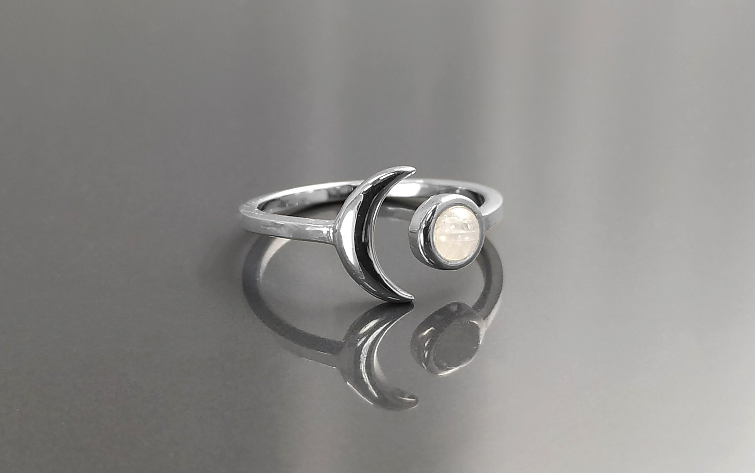 Crescent Moon Ring, Sterling Silver, Genuine Moonstone Gemstone, Boho Chakra Stellar Cosmic Jewelry, Lunar Open Ring, Celestial Round Stone