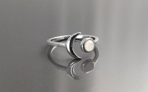 Crescent Moon Ring, Sterling Silver, Genuine Moonstone Gemstone, Boho Chakra Stellar Cosmic Jewelry, Lunar Open Ring, Celestial Round Stone