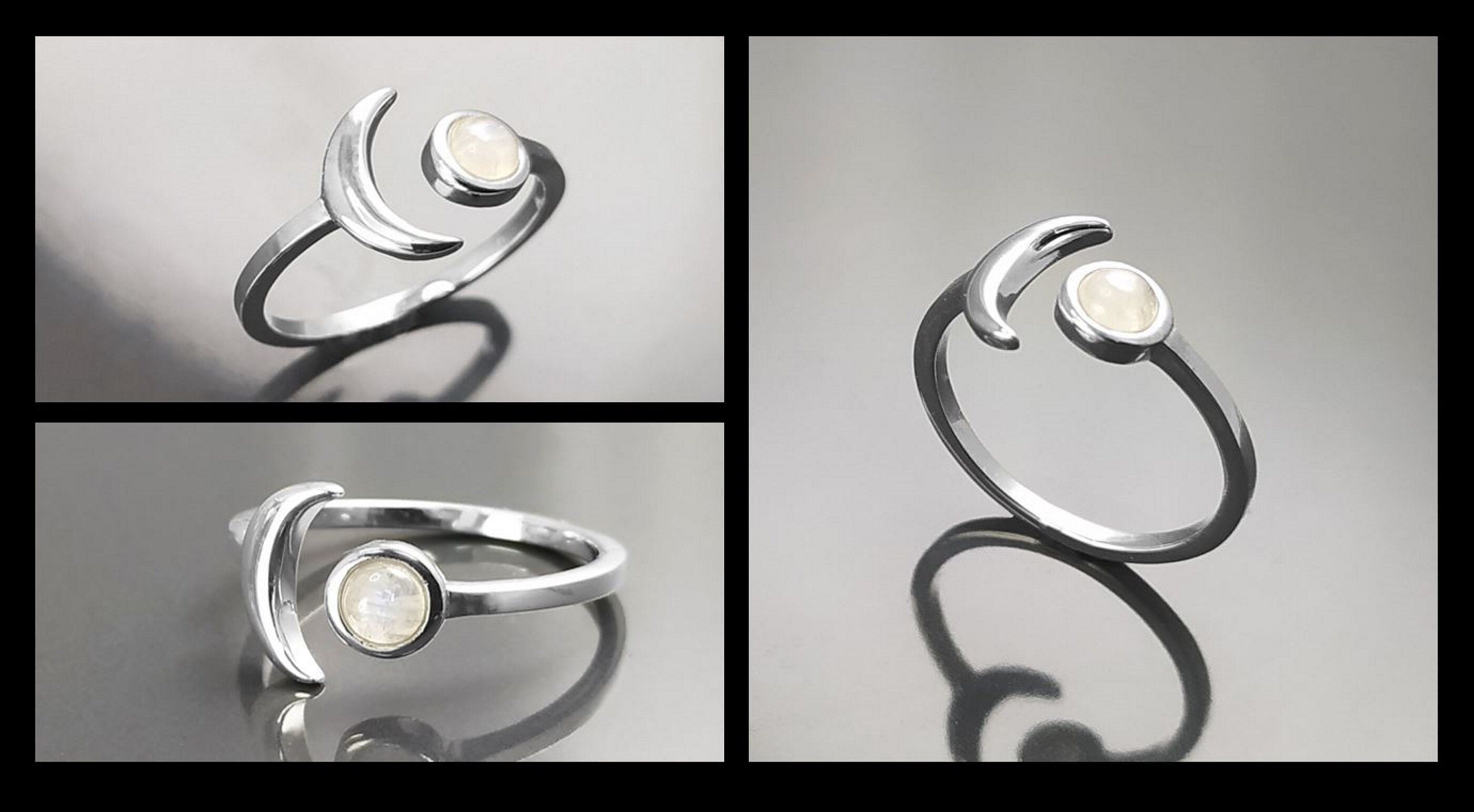 Crescent Moon Ring, Sterling Silver, Genuine Moonstone Gemstone, Boho Chakra Stellar Cosmic Jewelry, Lunar Open Ring, Celestial Round Stone