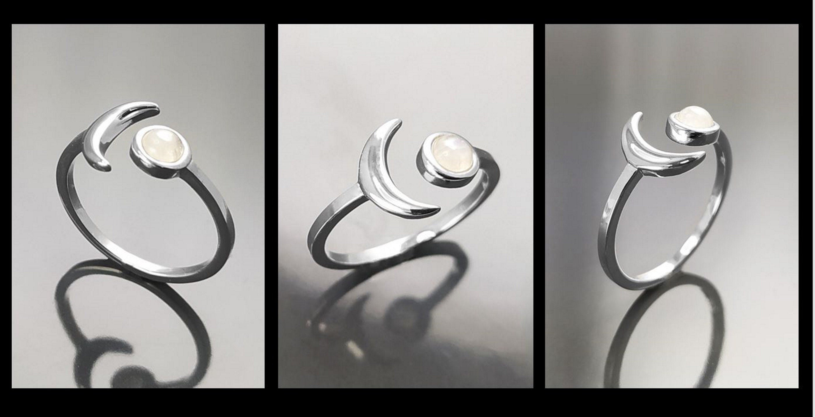 Crescent Moon Ring, Sterling Silver, Genuine Moonstone Gemstone, Boho Chakra Stellar Cosmic Jewelry, Lunar Open Ring, Celestial Round Stone