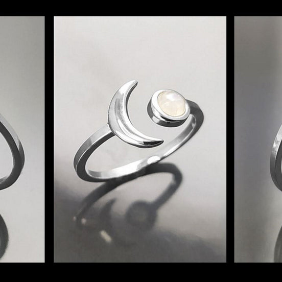 Crescent Moon Ring, Sterling Silver, Genuine Moonstone Gemstone, Boho Chakra Stellar Cosmic Jewelry, Lunar Open Ring, Celestial Round Stone