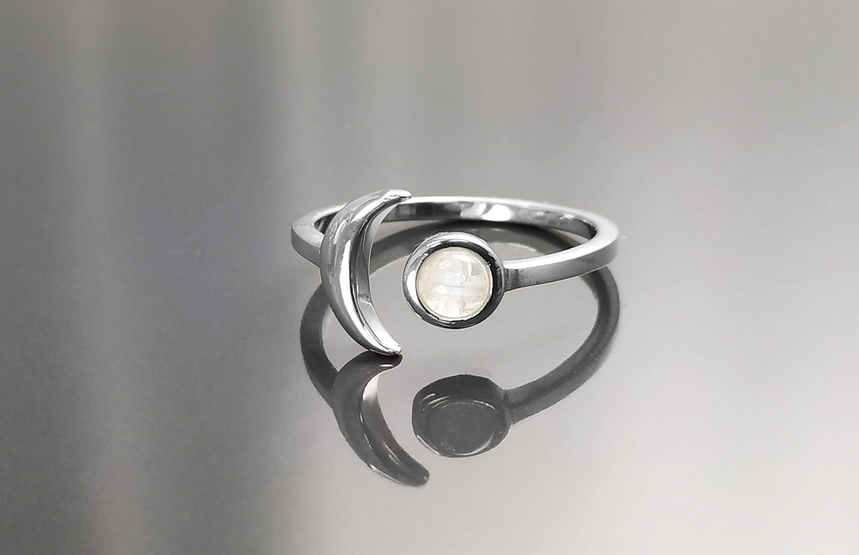 Crescent Moon Ring, Sterling Silver, Genuine Moonstone Gemstone, Boho Chakra Stellar Cosmic Jewelry, Lunar Open Ring, Celestial Round Stone