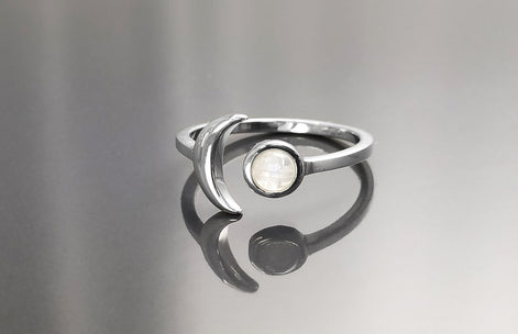 Crescent Moon Ring, Sterling Silver, Genuine Moonstone Gemstone, Boho Chakra Stellar Cosmic Jewelry, Lunar Open Ring, Celestial Round Stone