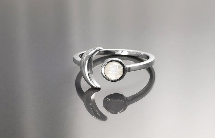 Crescent Moon Ring, Sterling Silver, Genuine Moonstone Gemstone, Boho Chakra Stellar Cosmic Jewelry, Lunar Open Ring, Celestial Round Stone
