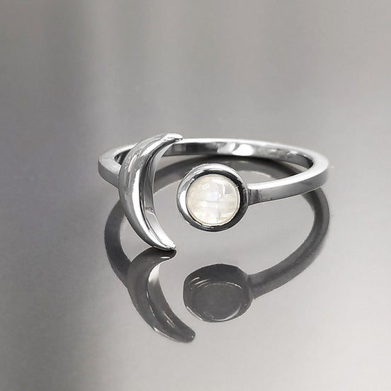 Crescent Moon Ring, Sterling Silver, Genuine Moonstone Gemstone, Boho Chakra Stellar Cosmic Jewelry, Lunar Open Ring, Celestial Round Stone