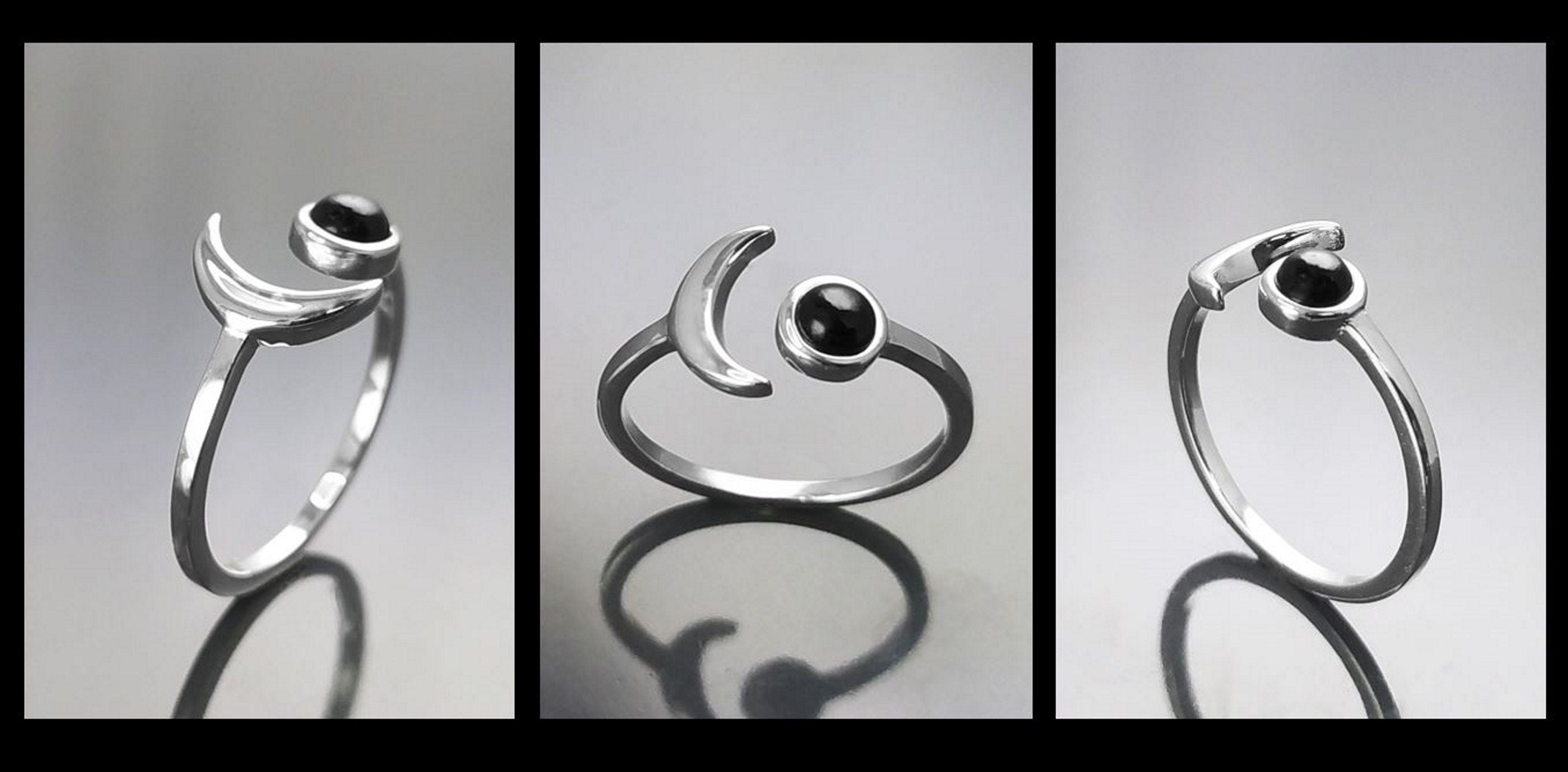 Crescent Moon Ring, Sterling Silver, Boho Chakra Stellar Cosmic Jewelry, Lunar Open Ring, Celestial Round Stone, Genuine Black Onyx Gemstone