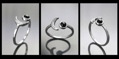 Crescent Moon Ring, Sterling Silver, Boho Chakra Stellar Cosmic Jewelry, Lunar Open Ring, Celestial Round Stone, Genuine Black Onyx Gemstone