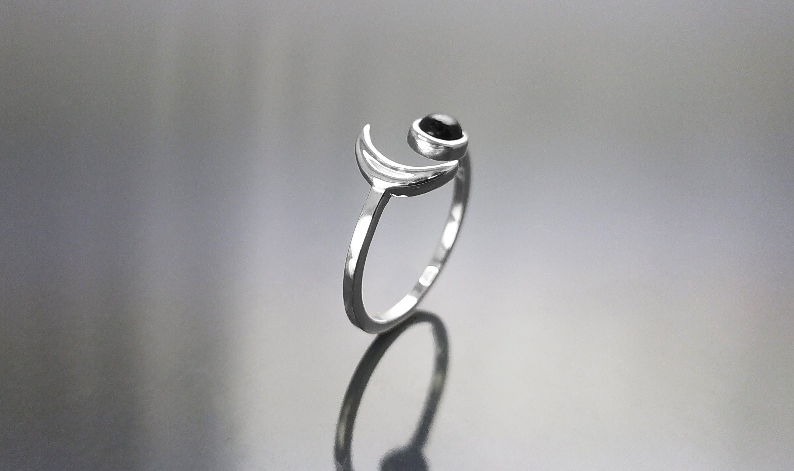Crescent Moon Ring, Sterling Silver, Boho Chakra Stellar Cosmic Jewelry, Lunar Open Ring, Celestial Round Stone, Genuine Black Onyx Gemstone