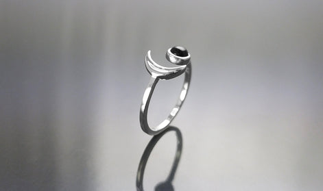 Crescent Moon Ring, Sterling Silver, Boho Chakra Stellar Cosmic Jewelry, Lunar Open Ring, Celestial Round Stone, Genuine Black Onyx Gemstone