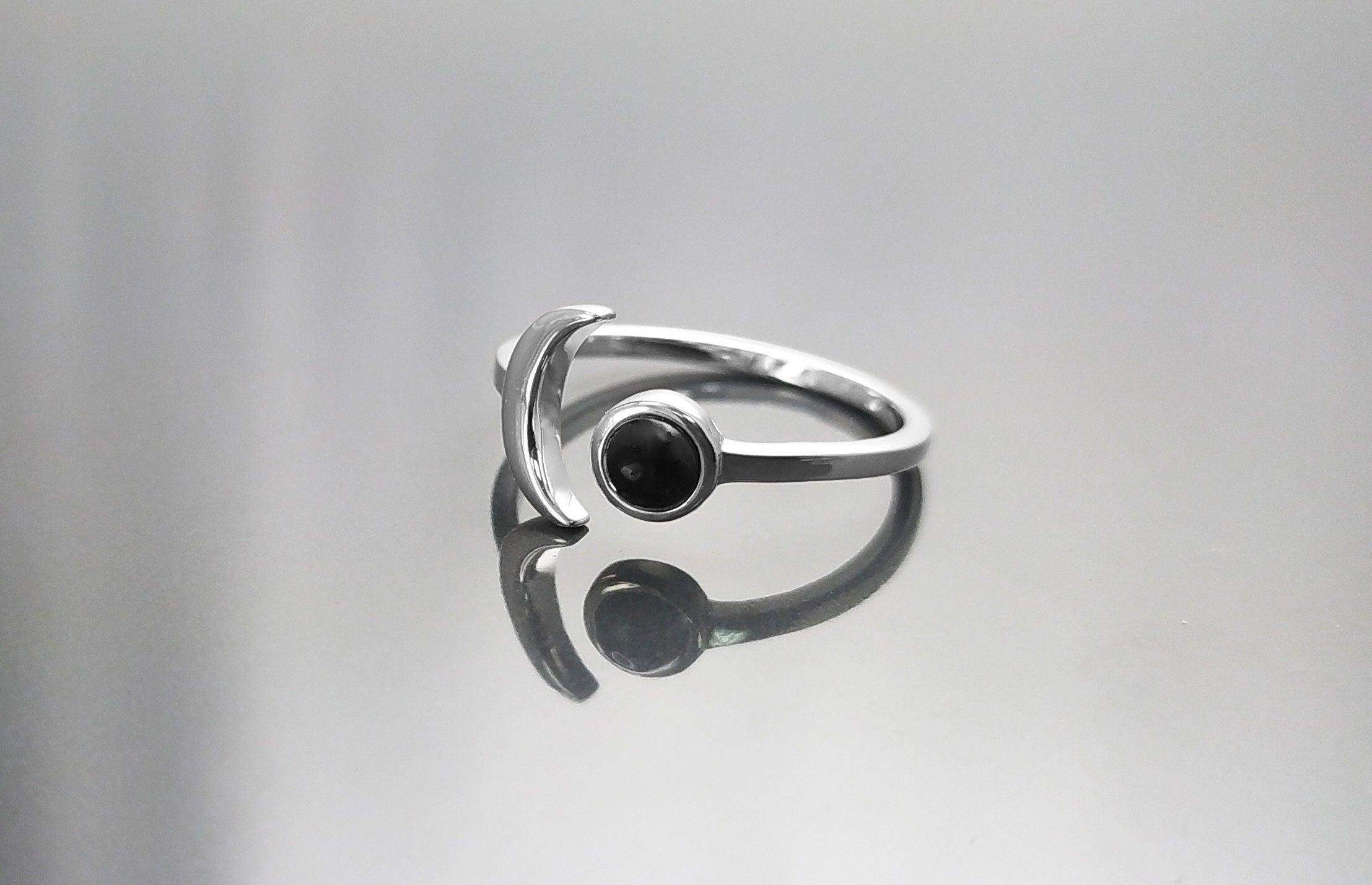 Crescent Moon Ring, Sterling Silver, Boho Chakra Stellar Cosmic Jewelry, Lunar Open Ring, Celestial Round Stone, Genuine Black Onyx Gemstone