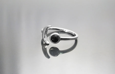 Crescent Moon Ring, Sterling Silver, Boho Chakra Stellar Cosmic Jewelry, Lunar Open Ring, Celestial Round Stone, Genuine Black Onyx Gemstone