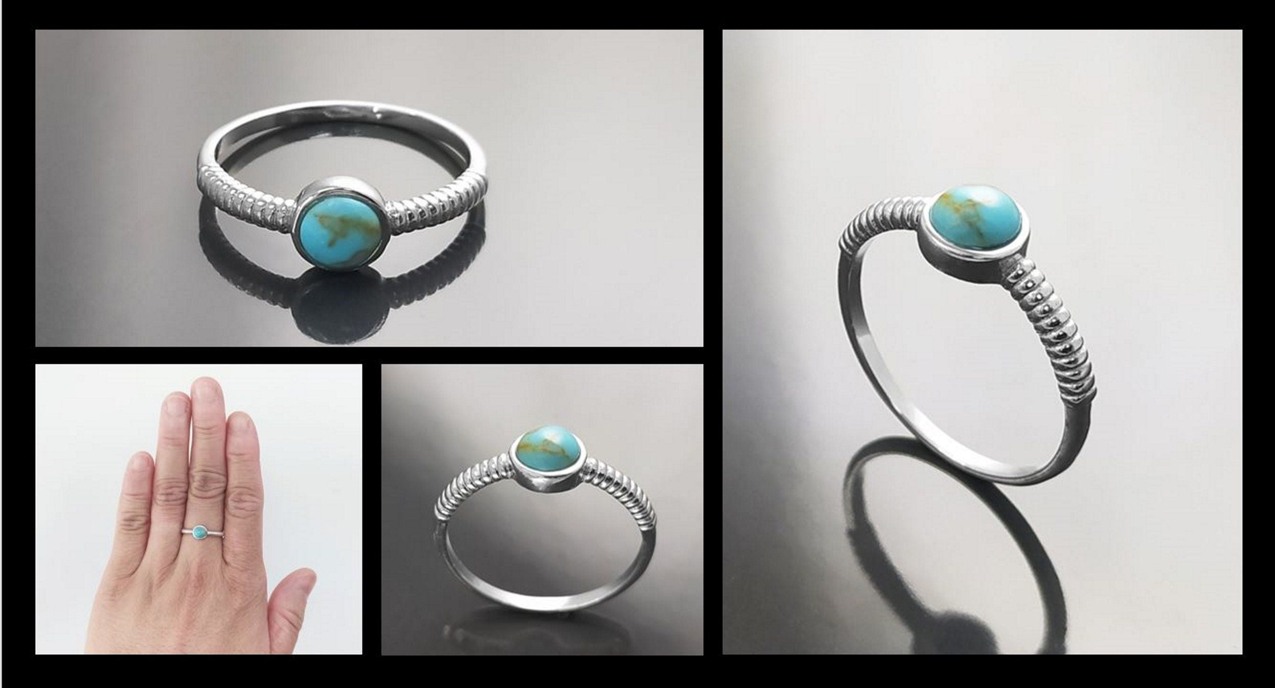 925 Sterling Silver Turquoise 5mm Ring, Modern Braided Band, Chic Casual Jewelry, Small Stone Ring