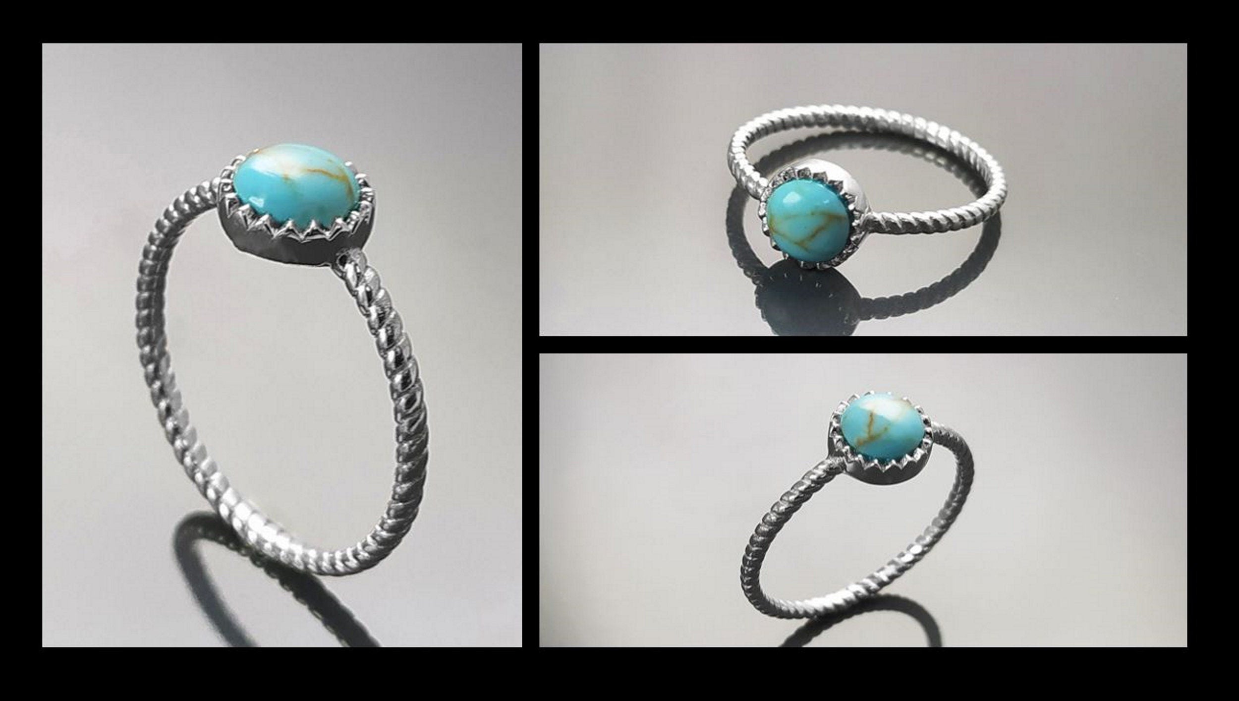 Round Turquoise Ring, Sterling Silver, Blue Turquoise Domed Stone, Boho Braided Band Ring with Braid, Minimalist Everyday Style jewelry