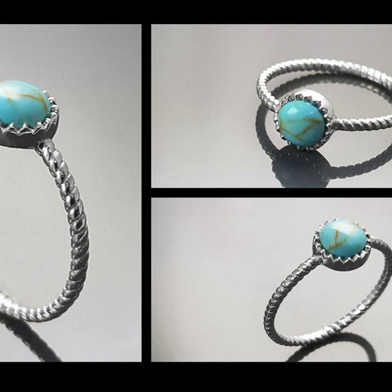 Round Turquoise Ring, Sterling Silver, Blue Turquoise Domed Stone, Boho Braided Band Ring with Braid, Minimalist Everyday Style jewelry