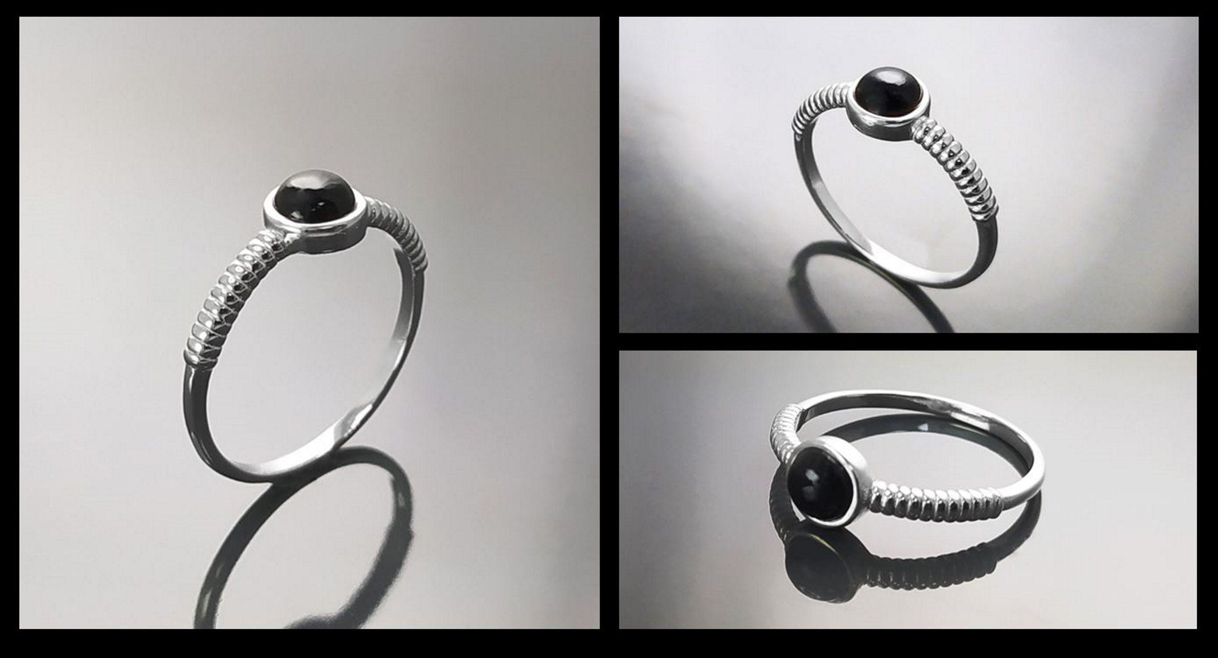 925 Round Onyx Ring, Sterling Silver, Black Onyx Gemstone, Small Domed Stone, Modern Ethnic Chic Braided Band Shank, Casual Style Jewelry