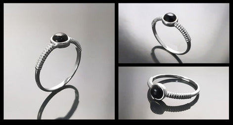 925 Round Onyx Ring, Sterling Silver, Black Onyx Gemstone, Small Domed Stone, Modern Ethnic Chic Braided Band Shank, Casual Style Jewelry