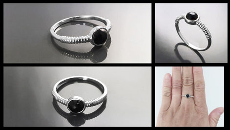925 Round Onyx Ring, Sterling Silver, Black Onyx Gemstone, Small Domed Stone, Modern Ethnic Chic Braided Band Shank, Casual Style Jewelry