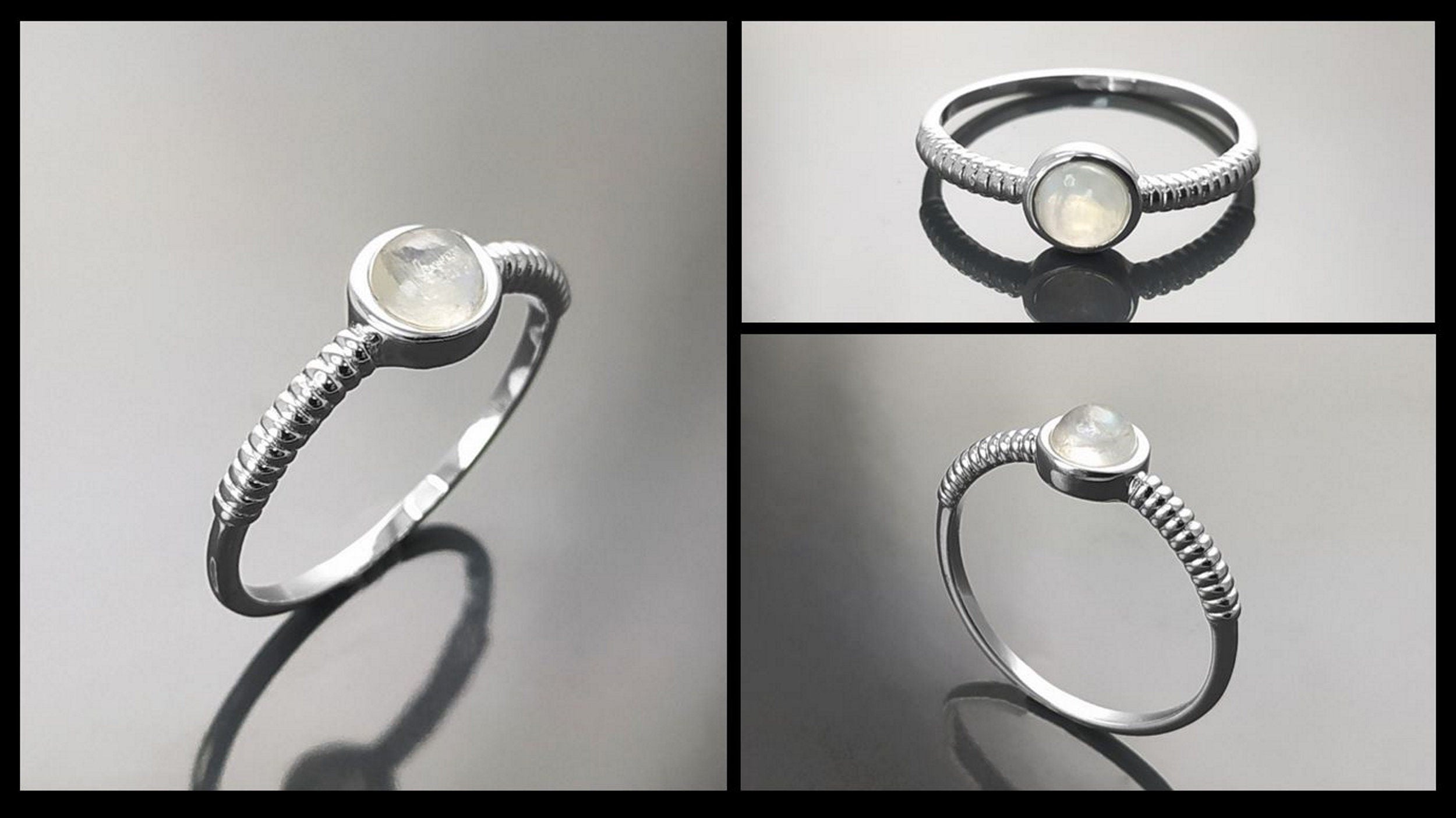 925 Round Moonstone Ring, Sterling Silver, Rainbow Gemstone, Small Domed Stone, Modern Ethnic Chic Braided Band Shank, Casual Style Jewelry