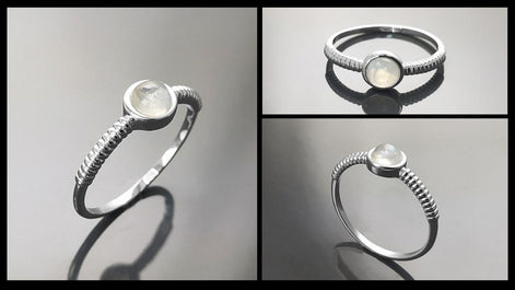 925 Round Moonstone Ring, Sterling Silver, Rainbow Gemstone, Small Domed Stone, Modern Ethnic Chic Braided Band Shank, Casual Style Jewelry